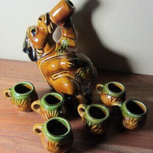 drunk donkey burro ceramic decanter vintage mexico & 6 shot glasses (W5772)